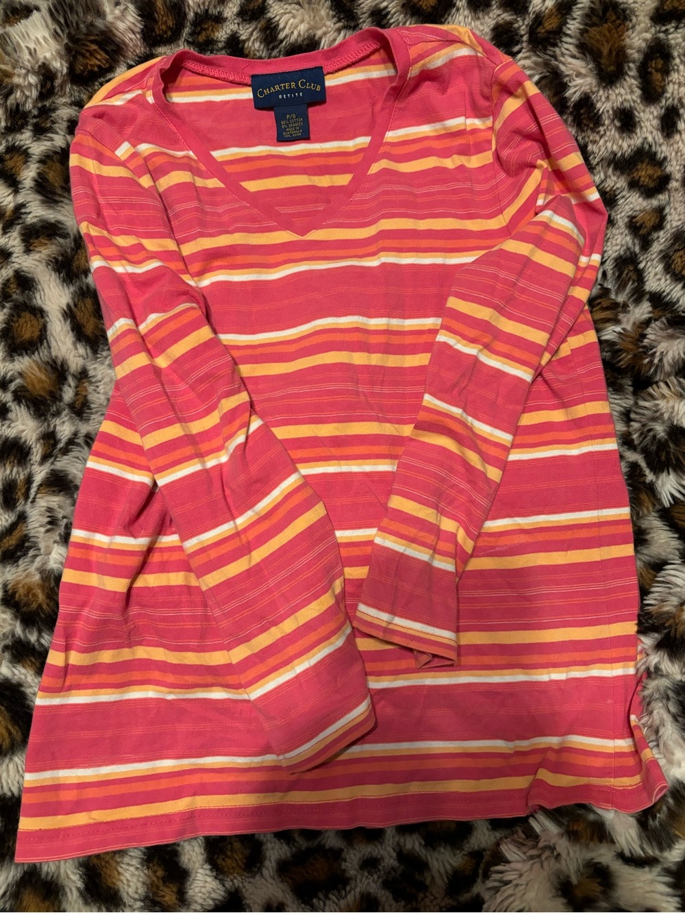 Charter Club Coral Pink & Yellow Striped V-Neck Long Sleeve Top